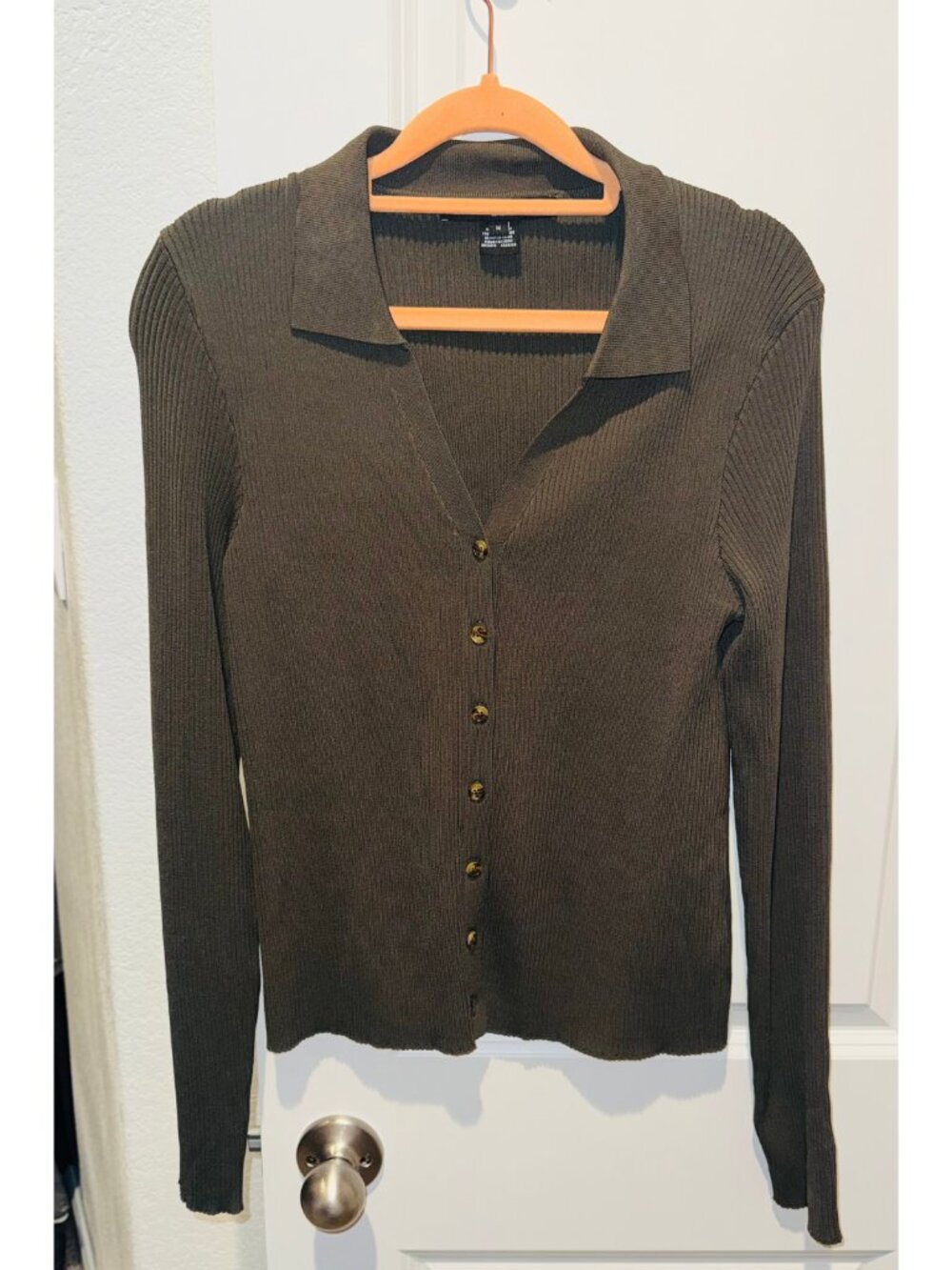 French Connection Olive Ribbed Knit Button-Front Top
